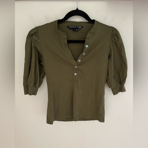 Veronica Beard Coralee Puff-Sleeve Half-Sleeve Henley Top Green stone army Small - Picture 5 of 8